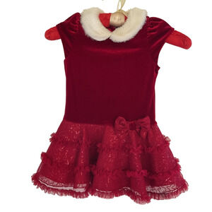 Jona Michelle Red Velvet Christmas Dress 24M/2T Fur Collar & Sequins